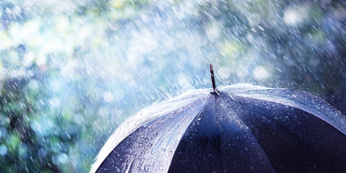 A close-up of a black umbrella with raindrops falling heavily on it, creating a blurred, rainy background with light shining through.