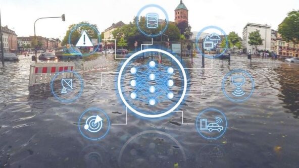 A flooded city street with digital icons overlayed, representing technology and data, including alerts, storage, connectivity, targets, transportation, and environmental monitoring.