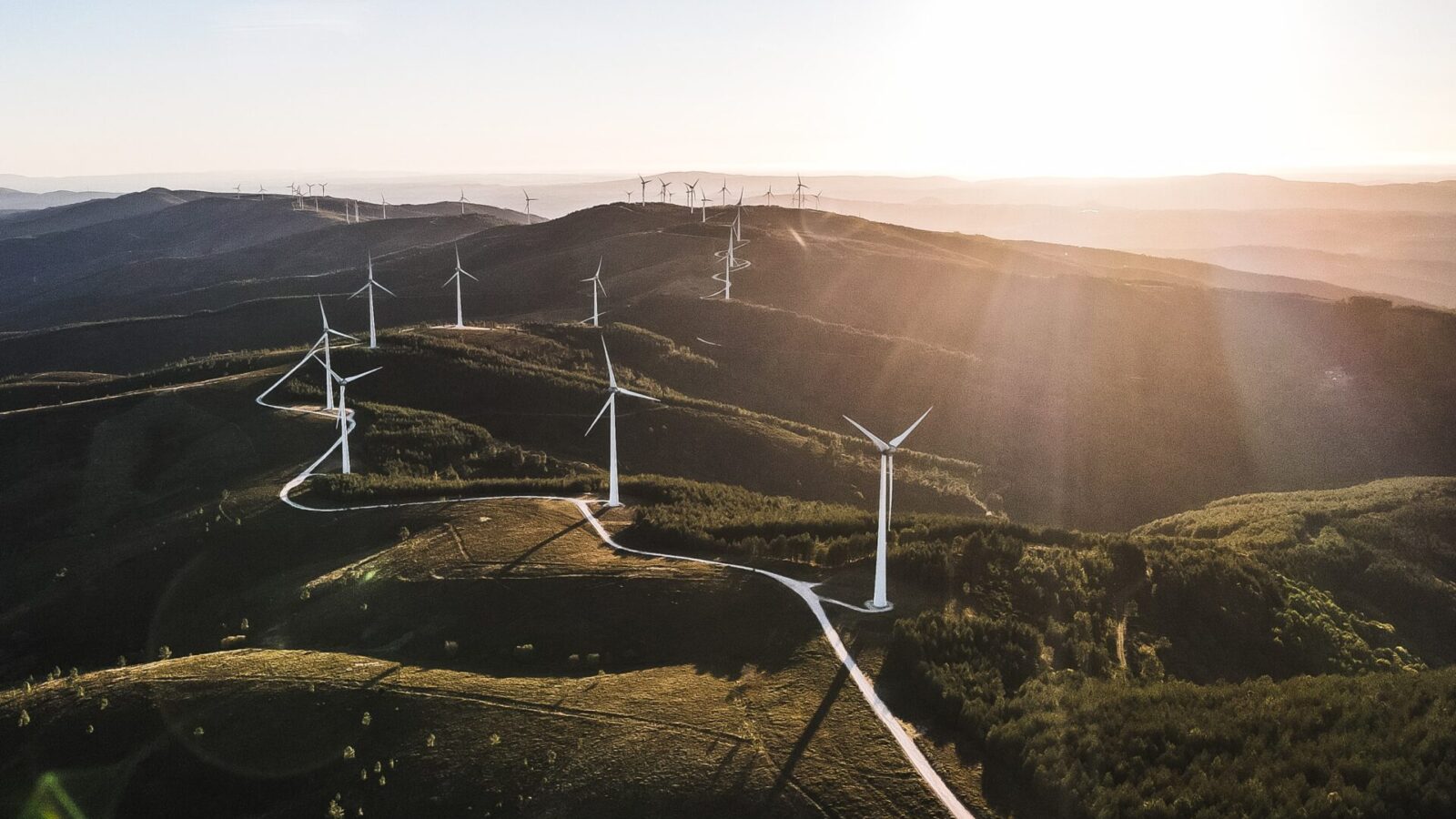 Aerial view of multiple wind turbines scattered across green hills at sunset, with winding roads and a bright sun casting long shadows over the landscape.