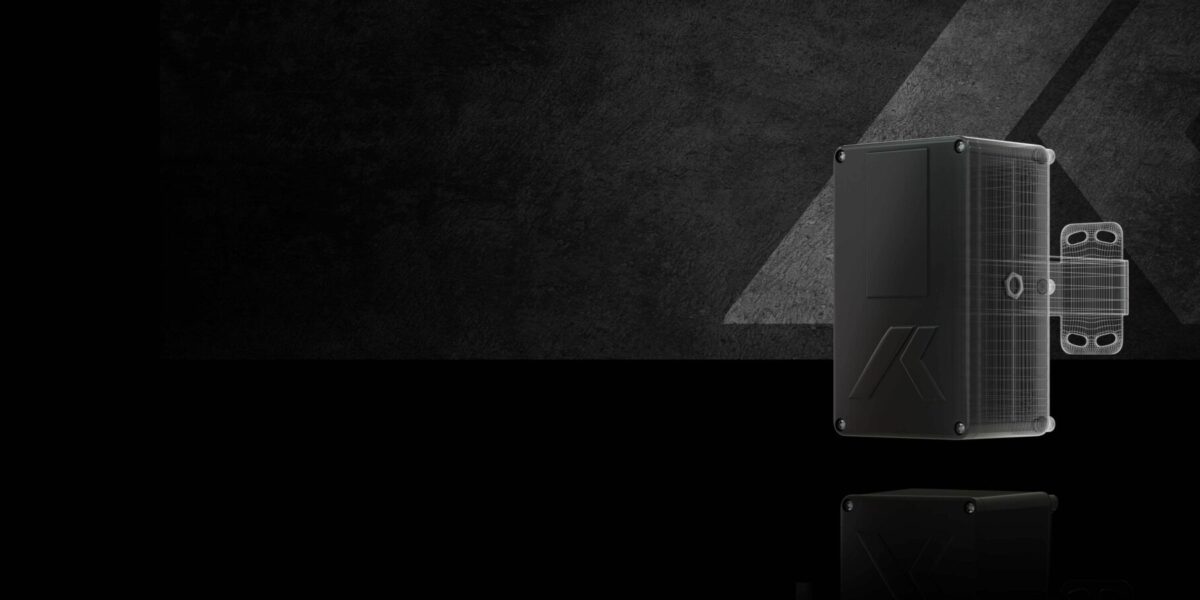 A sleek black rectangular HyQuant device with an etched logo stands upright against a dark textured background with a geometric design. Light highlights its edges, creating a modern, high-tech atmosphere.