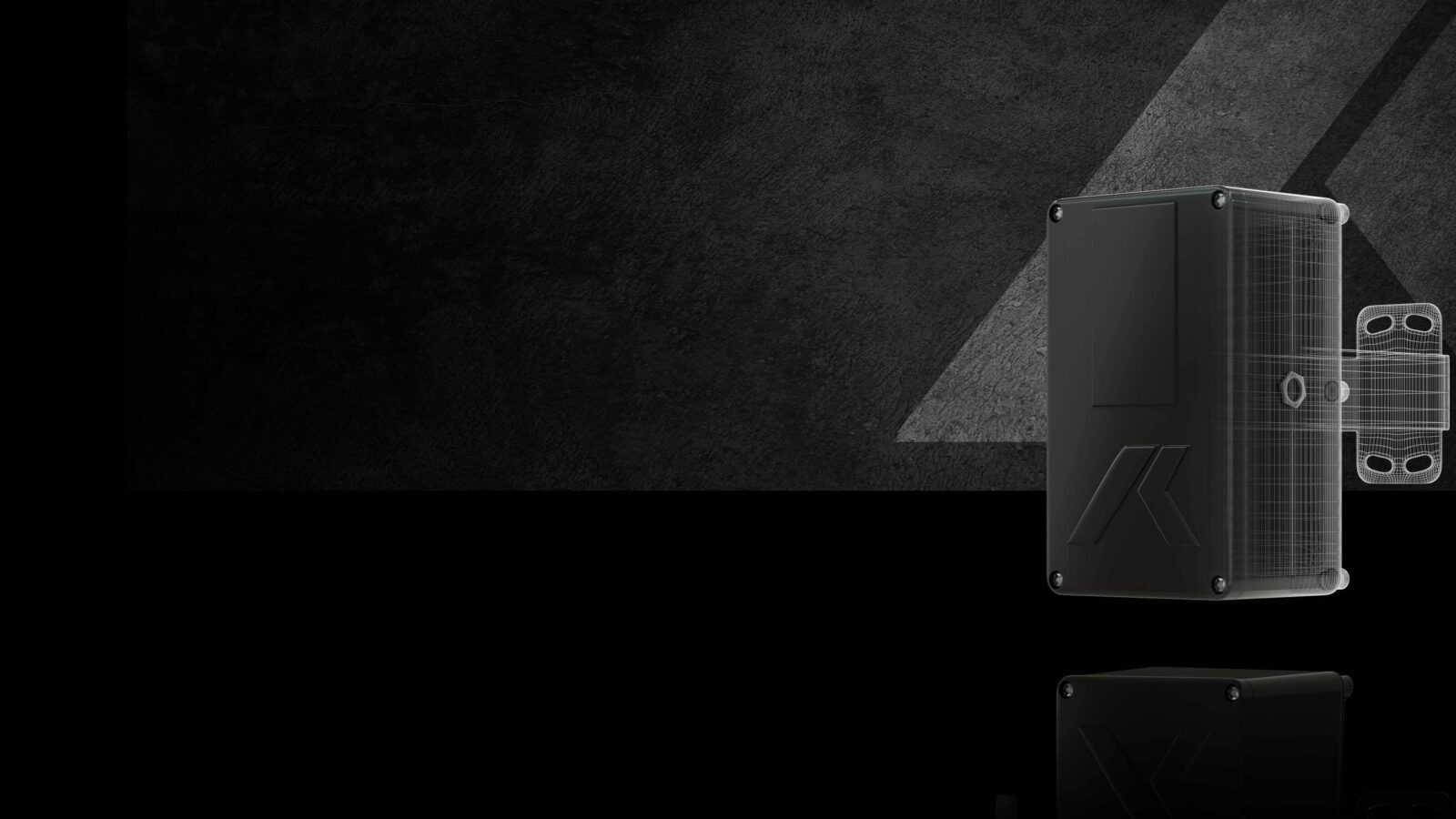 A sleek black rectangular HyQuant device with an etched logo stands upright against a dark textured background with a geometric design. Light highlights its edges, creating a modern, high-tech atmosphere.