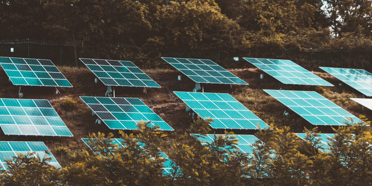 Several rows of blue solar panels are installed on a grassy hillside, surrounded by green trees and bushes under a partly cloudy sky.
