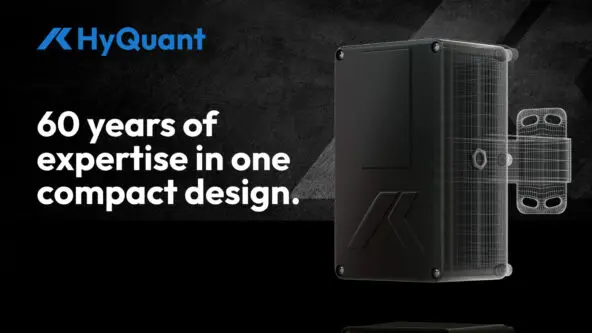 A black rectangular device with the HyQuant logo is shown, half rendered in 3D wireframe. Text reads, 60 years of expertise in one compact design. The background is dark with subtle textures.