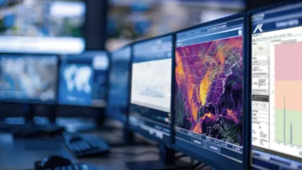 Several computer monitors display colorful weather maps, charts, and data analysis in a control room, indicating meteorological monitoring or forecasting in progress. Keyboards and computer mice are visible on the desks.