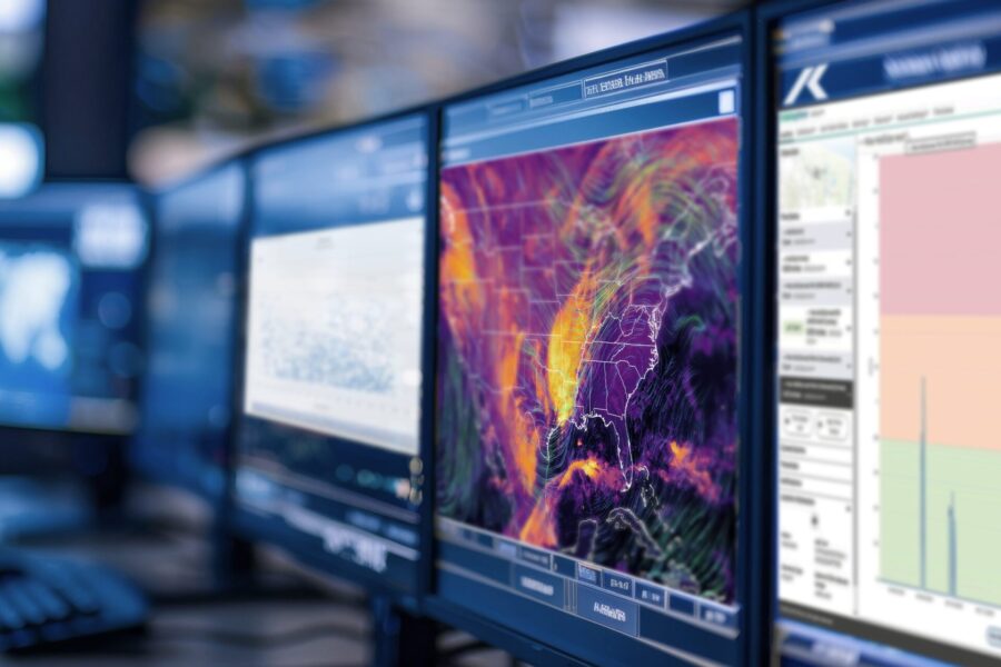 Several computer monitors display weather maps and data. The center screen highlights a colorful weather pattern over the southeastern United States, while adjacent screens show additional maps and real-time hail sensor information.