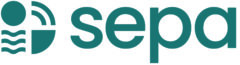 Teal logo with the word sepa in lowercase letters. To the left, a circle and three horizontal wavy lines, inspired by WISKI’s water themes, are incorporated into a geometric design.