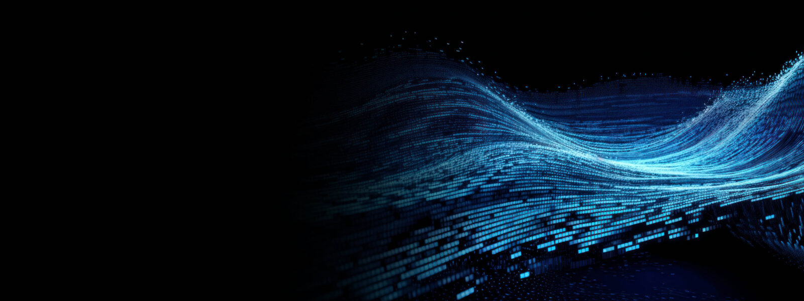 Abstract digital wave of blue and turquoise rectangular light blocks flows across a black background, resembling a futuristic data stream or energy flow.