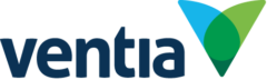 The Ventia logo features the word “ventia” in dark blue lowercase letters, next to a geometric design of overlapping blue and green shapes forming a stylized V, reflecting their expertise in Hydstra – Environmental Data Management.