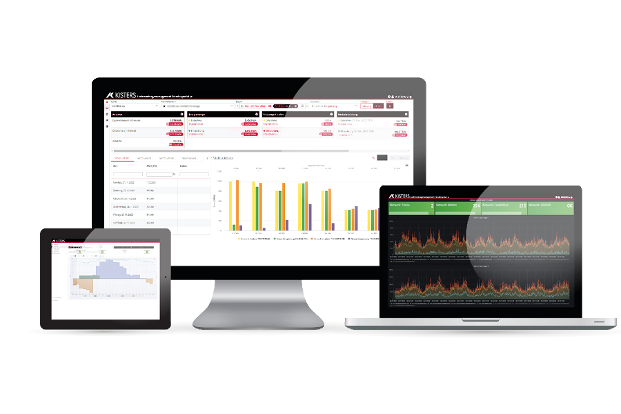 Three digital devices—a tablet, a desktop monitor, and a laptop—display different data dashboards with charts, graphs, and tables on their screens against a white background.