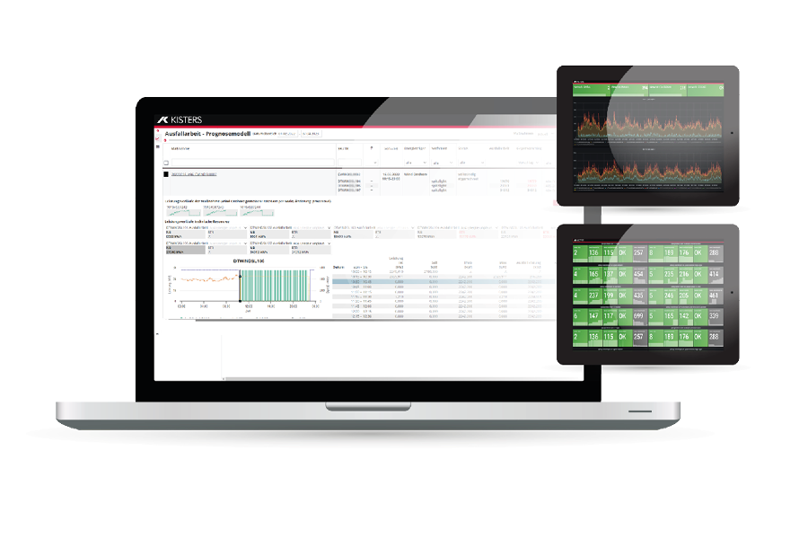 A laptop screen displays data tables and charts, while two smaller screens to the right show line graphs with orange trends and a green grid dashboard, illustrating data analysis and monitoring for Universal Energy Solutions.