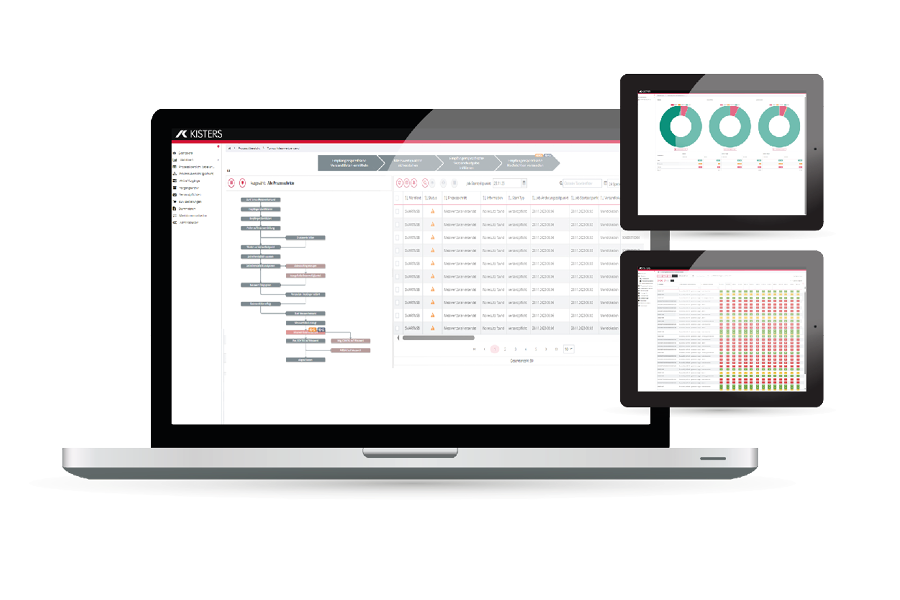 A laptop and two tablets display data dashboards with charts, graphs, and tables, representing professional measurement data management for your energy needs in digital project management or data analysis software.