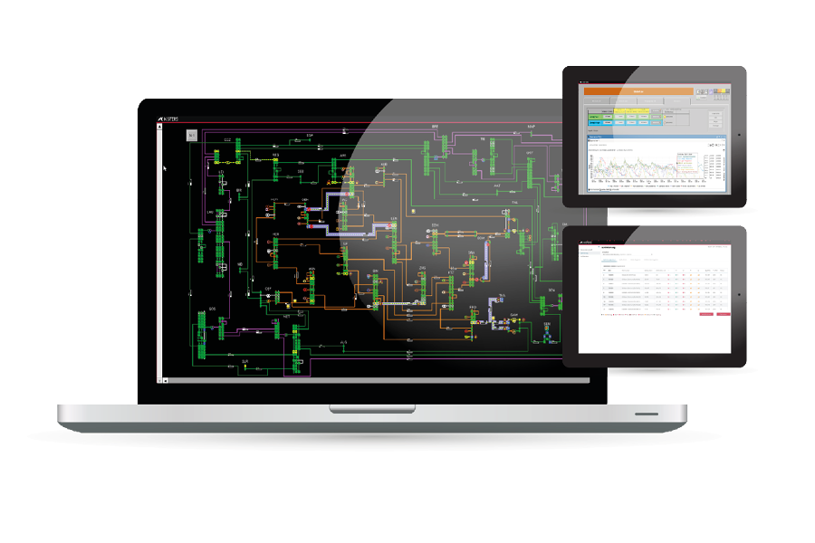 A laptop displays a complex industrial schematic, while two tablets above show dashboard-style interfaces with charts, data tables, and controls—ideal for monitoring Smart Grids & Control Technology operations.