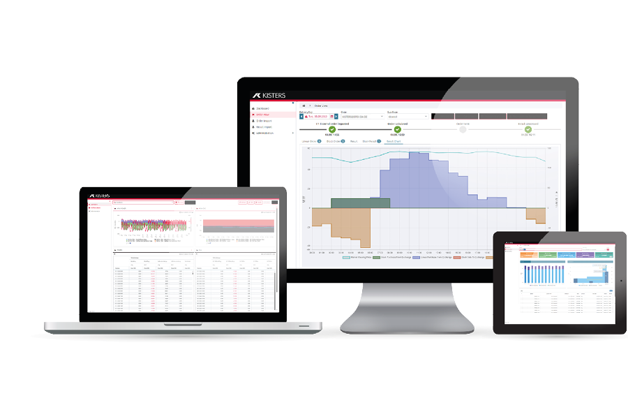 A laptop, desktop monitor, and tablet display various data charts and graphs on their screens, highlighting Lösungen für Beschaffung und Handel in use across multiple devices for seamless business analytics.