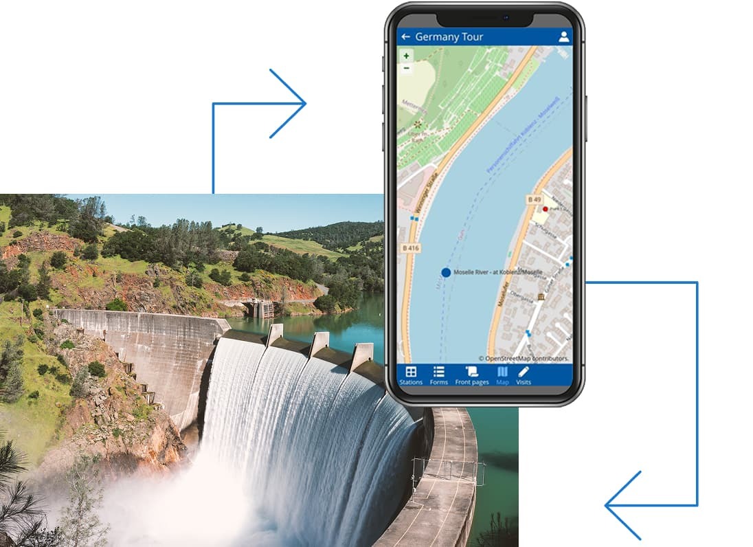 A smartphone displaying a map app overlays an image of a large dam with water flowing over it, highlighting FieldVisits; blue arrows connect and frame both images.