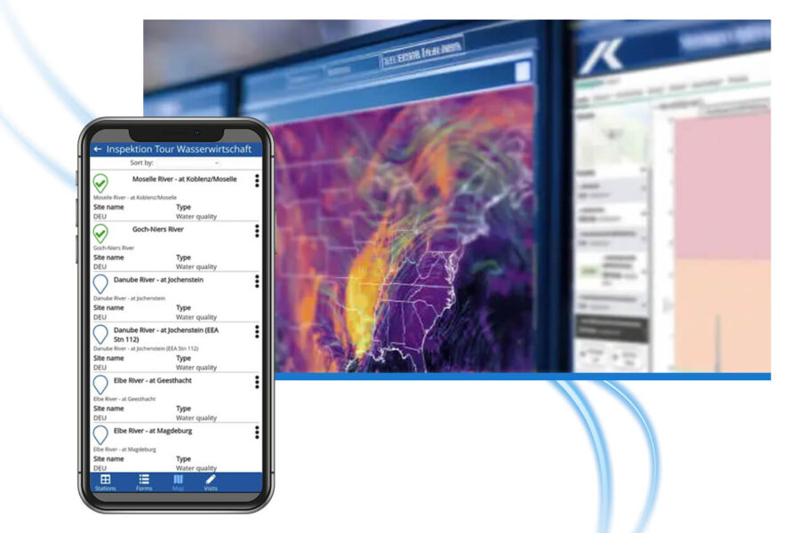A smartphone displays a water management inspection app for FieldVisits, while in the background, a computer screen shows a colorful weather map and data charts.
