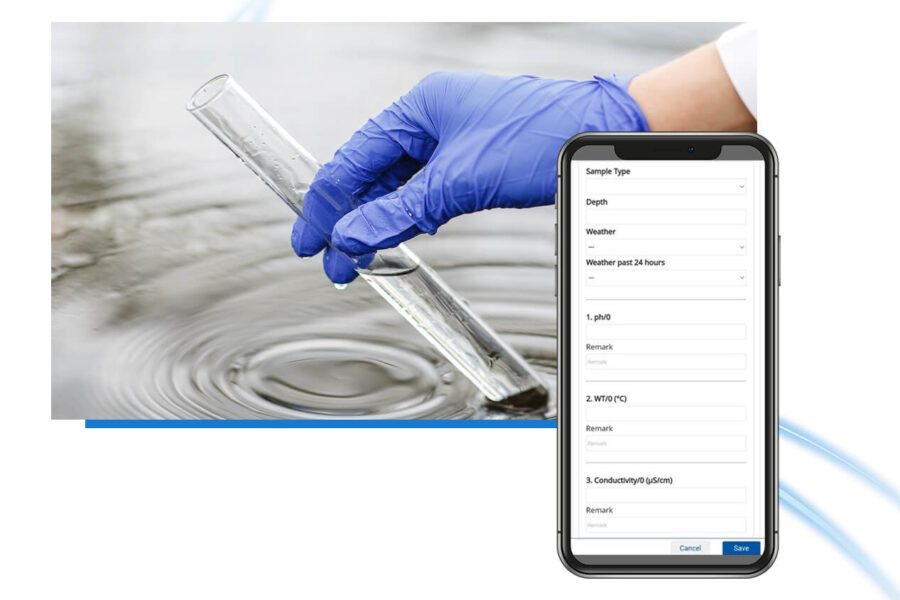 A gloved hand holds a test tube above water during FieldVisits, next to a smartphone displaying a water sample data entry form.