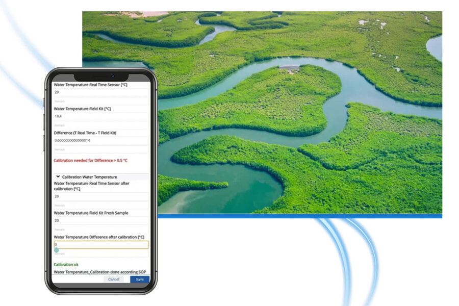 A smartphone displaying water temperature calibration data is shown in front of an aerial view of a winding river surrounded by lush green vegetation, capturing the essence of FieldVisits.