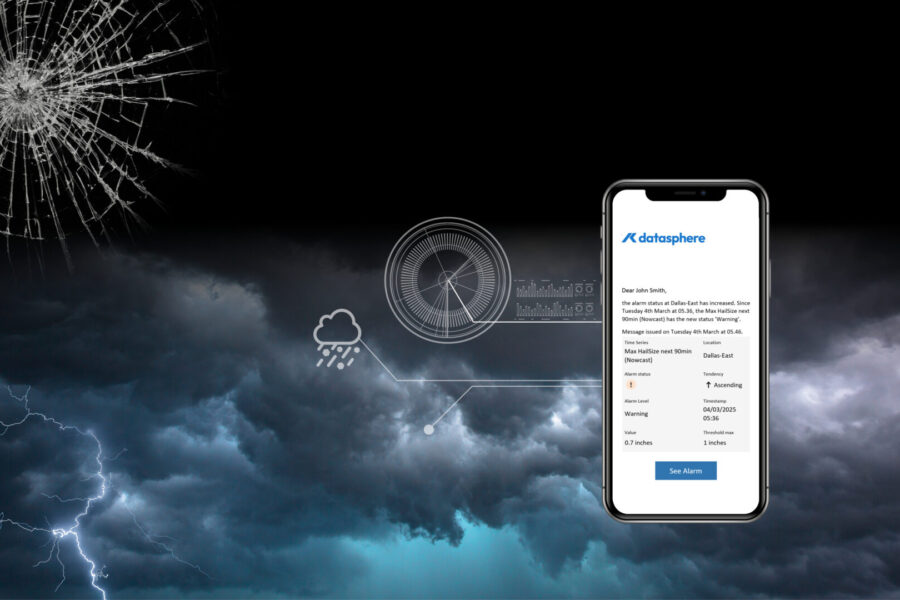 A phone displaying a weather alert app appears over a stormy sky with lightning, a rain icon, measurement graphics, and a cracked glass effect in the upper left corner.