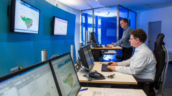 Two men work at computers in a modern office with multiple monitors displaying maps, charts, and data. One man is seated, and the other is standing at a height-adjustable desk. The room has blue walls and glass partitions.