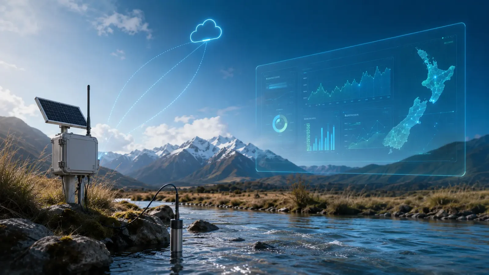 A solar-powered sensor by a river transmits data to the cloud, shown by floating graphics of charts and a map, with snow-capped mountains and clear sky in the background.