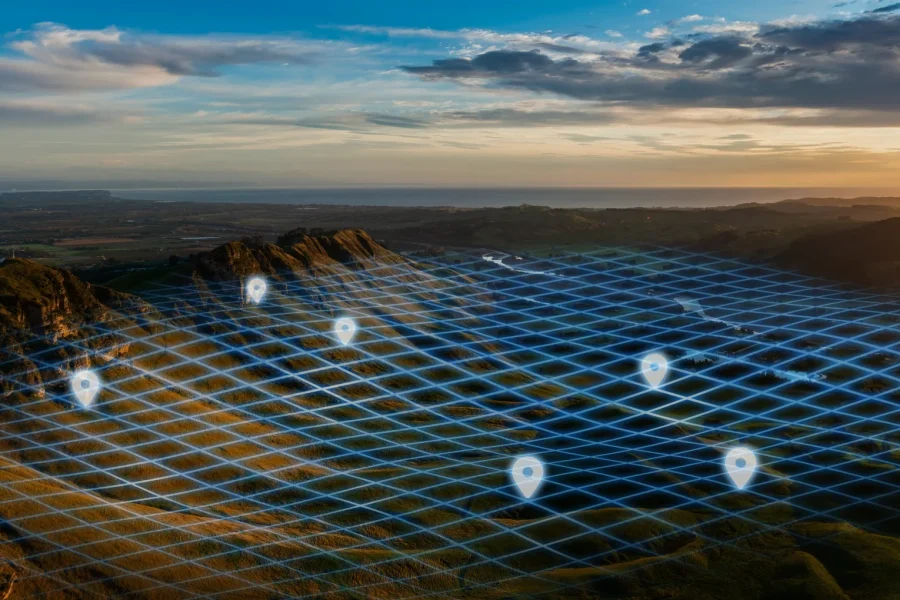 A landscape with hills at sunset features a digital grid overlay and location markers, illustrating GPS technology or digital mapping across the terrain.